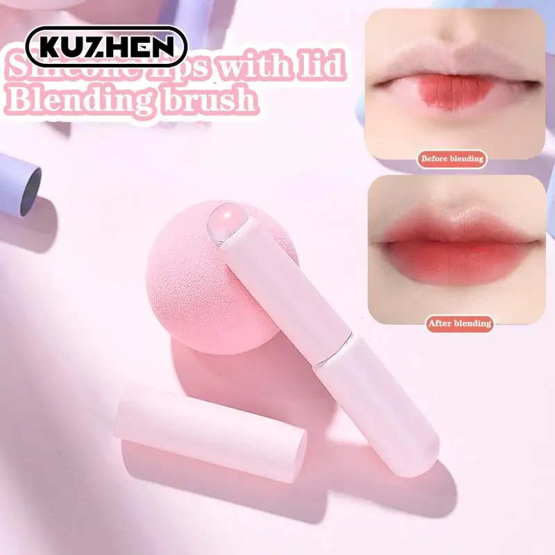 Kuas bibir silikon dengan penutup sikat Concealer bersudut seperti ujung jari kuas Makeup Lipstik lembut kepala bulat tidak rusak