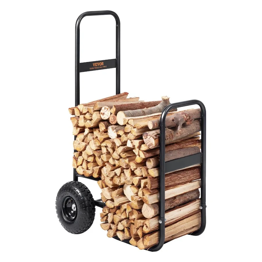

Firewood Log Cart 250 lbs Load Capacity Outdoor and Indoor Wood Rack Storage Mover with Pneumatic Rubber Wheels Heavy Duty Ste