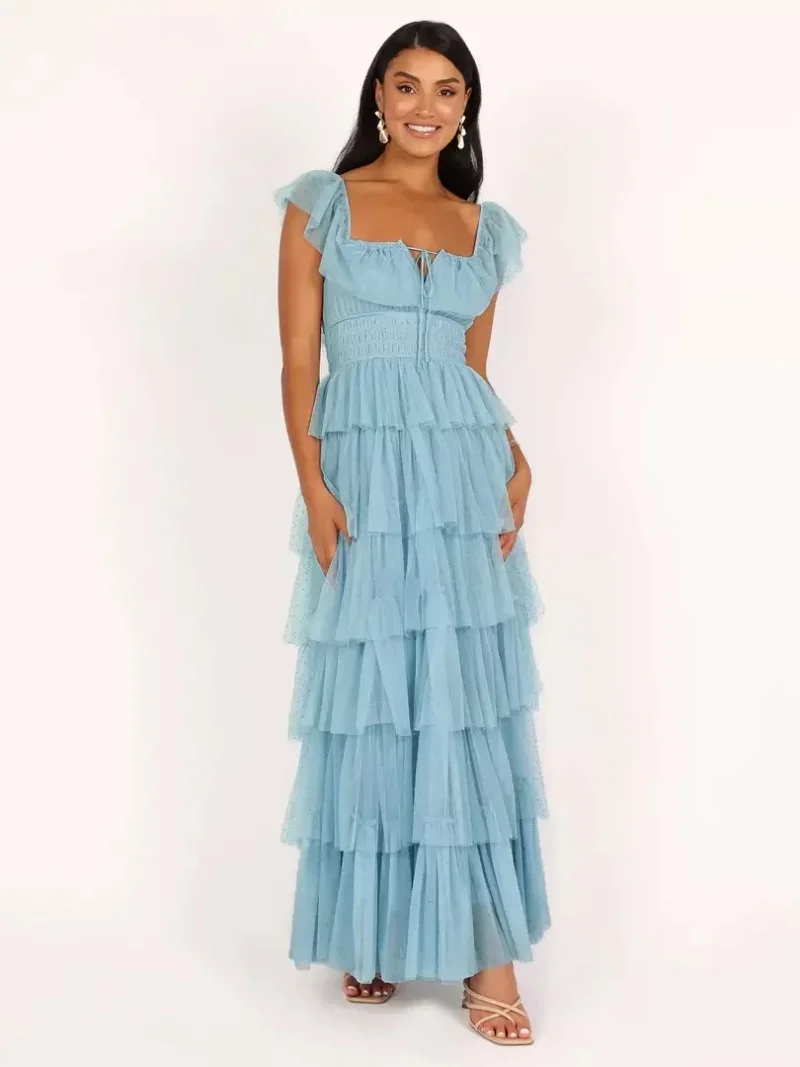 

Customized Elegant Chiffon Bow Sash Tiered Pleat A-line Square Neck Long Dresses Bespoke Occasion Dresses Retro Fashion Matching