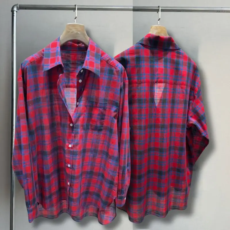 

Kanye Loose Shirts Red Blue Contrasting Checkered Unisex Lapel Long Sleeve Cardigan Fashion Street Cleanfit Men Women Tops