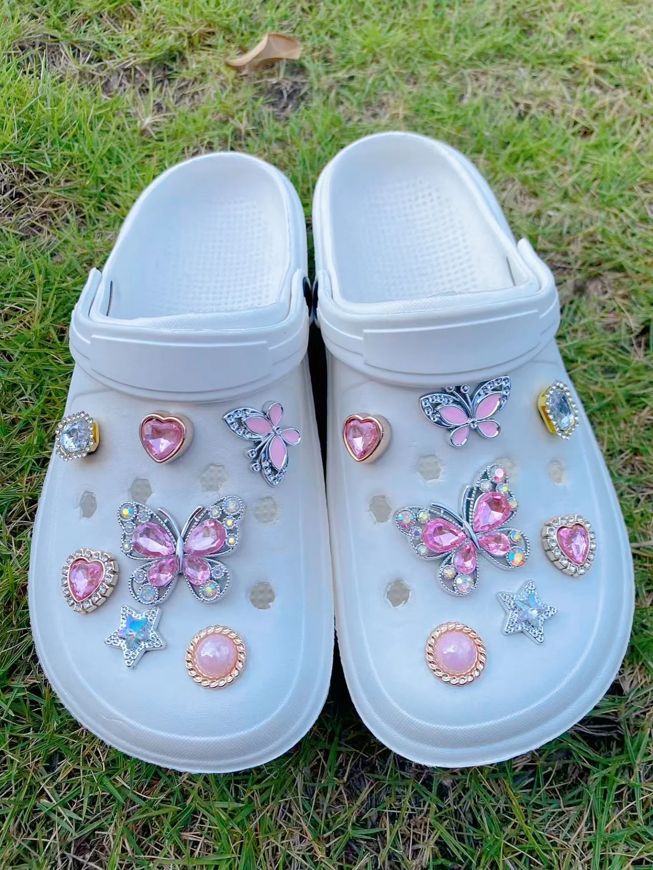 14 DIY pink diamond butterfly, star, heart and other shoe buckle decorations, multi-functional shoe clip accessories for women's
