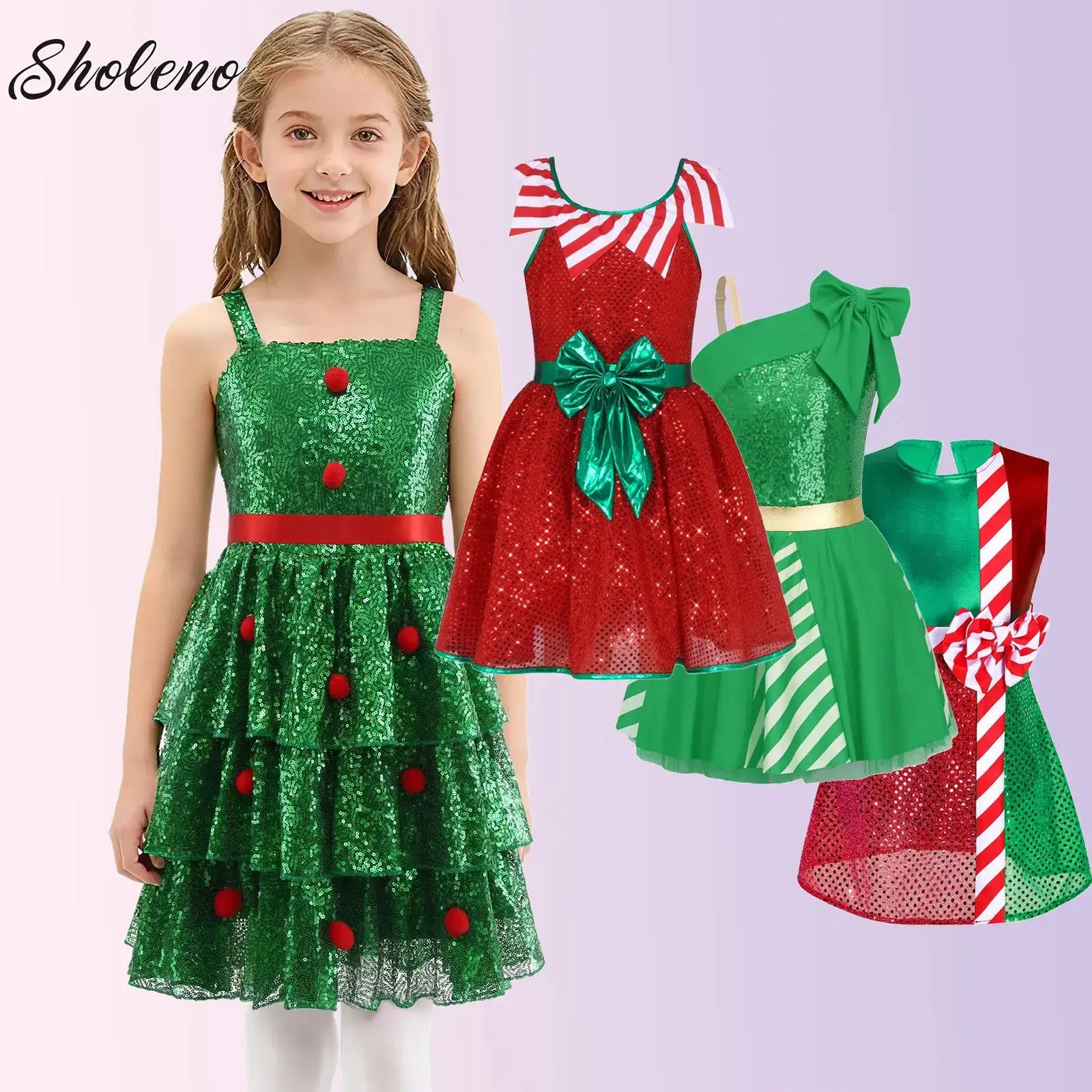

Kids Girls Sequins Christmas Elf Candy Cane Santa Claus Costume Figure Ice Skating Ballet Dance Leotard Tutu Dress Performance