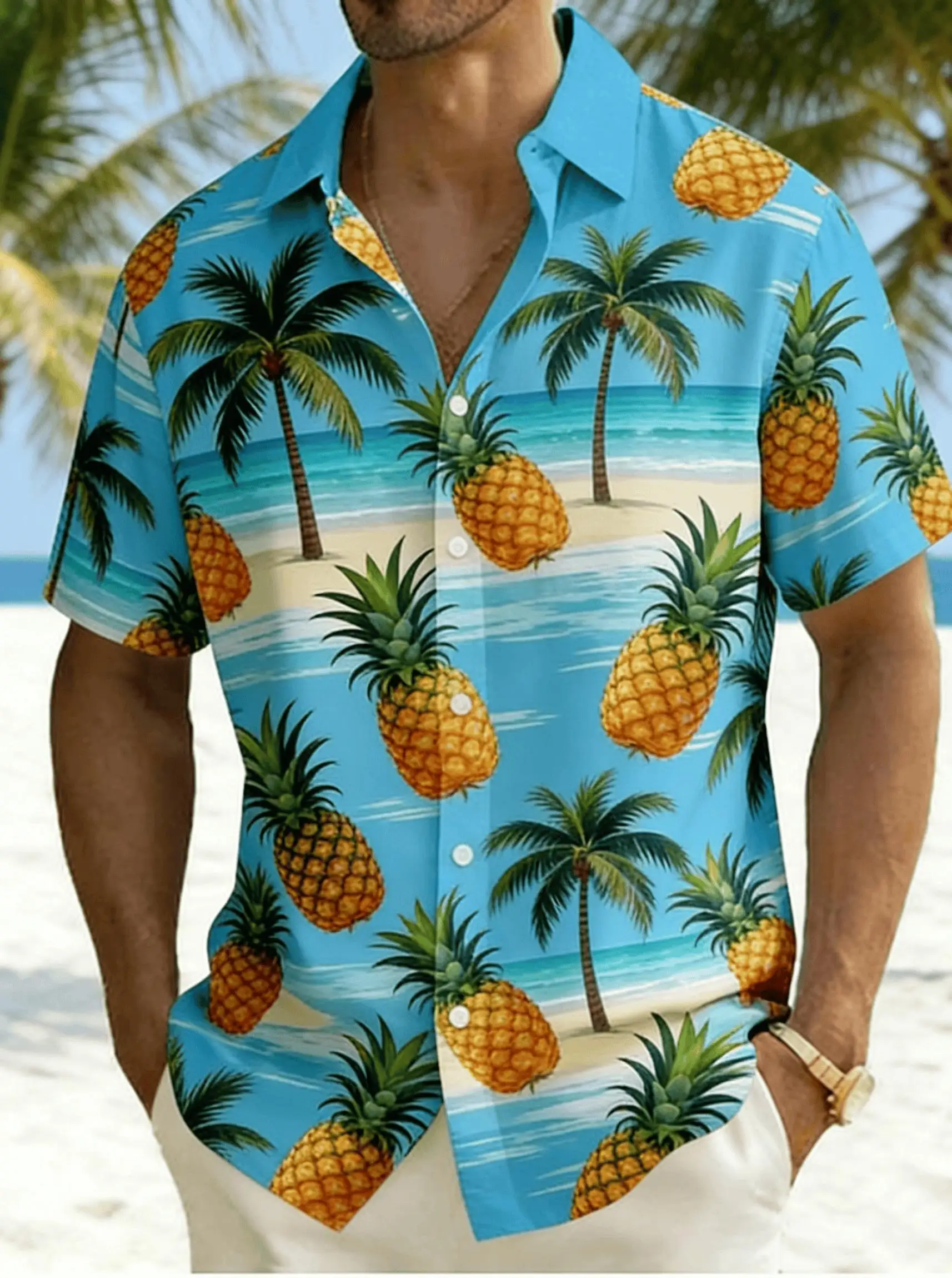 

Men's Beach Print Short Sleeve Shirt, Spring Summer Tropical Fruit Hawaiian Vacation Blouse, Loose Casual Top
