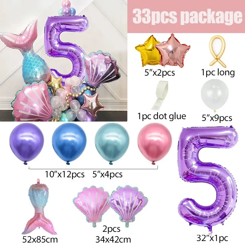 33-teiliges Meerjungfrauen-Muschel-Zahlenballon-Set, Meerjungfrauen-Themen-Folienballons für Mädchen-Geburtstag, Babyparty, Unterwasser-Party-Dekoration – Detail 9