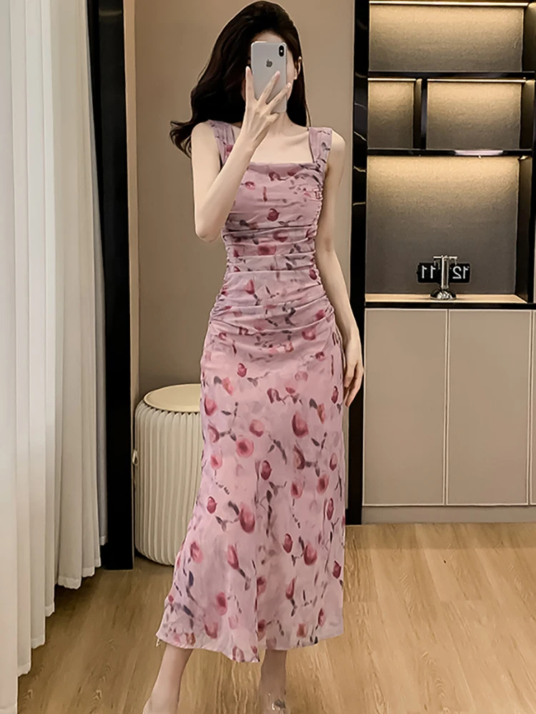 Zomer Roze Bloemen Vierkante Kraag Sling Sexy Lange Jurk Vrouwen Koreaanse Vintage Luxe Dans Feestjurk 2024 Elegante Bodycon Jurk