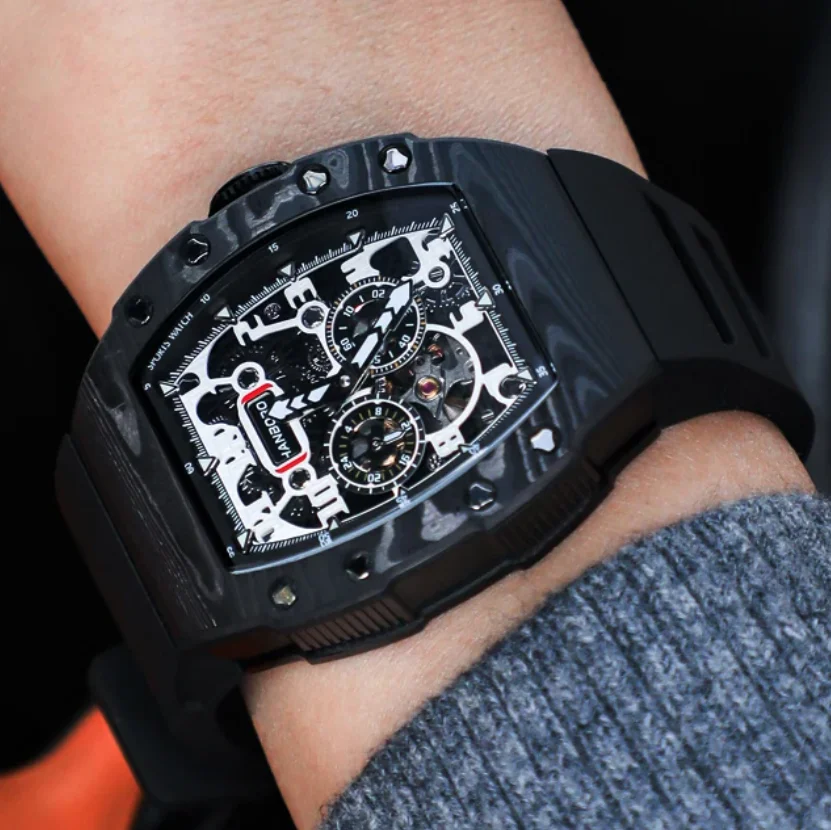 HANBORO Men Automatic Watch 50mm Tonneau Mechanical Wristwatch Carbon Fiber Luminous 50M Waterproof Small Second Dial 24Hours