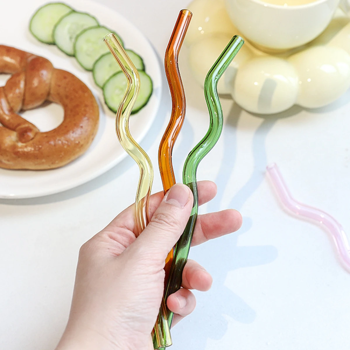 Glass Straws Wavy Reusable Drinking Straws Colorful Eco-friendly Straws for Drinks Coffee Milk Tea Straw Dishwasher Safe Barware