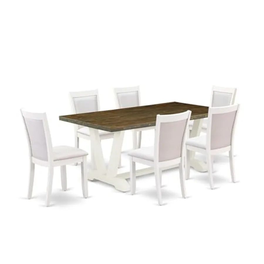 

V077MZ001-7 7 Piece Kitchen Table Set Consist of a Rectangle Dining Table with V-Legs and 6 Cream Linen Fabric Parson Dining Ro