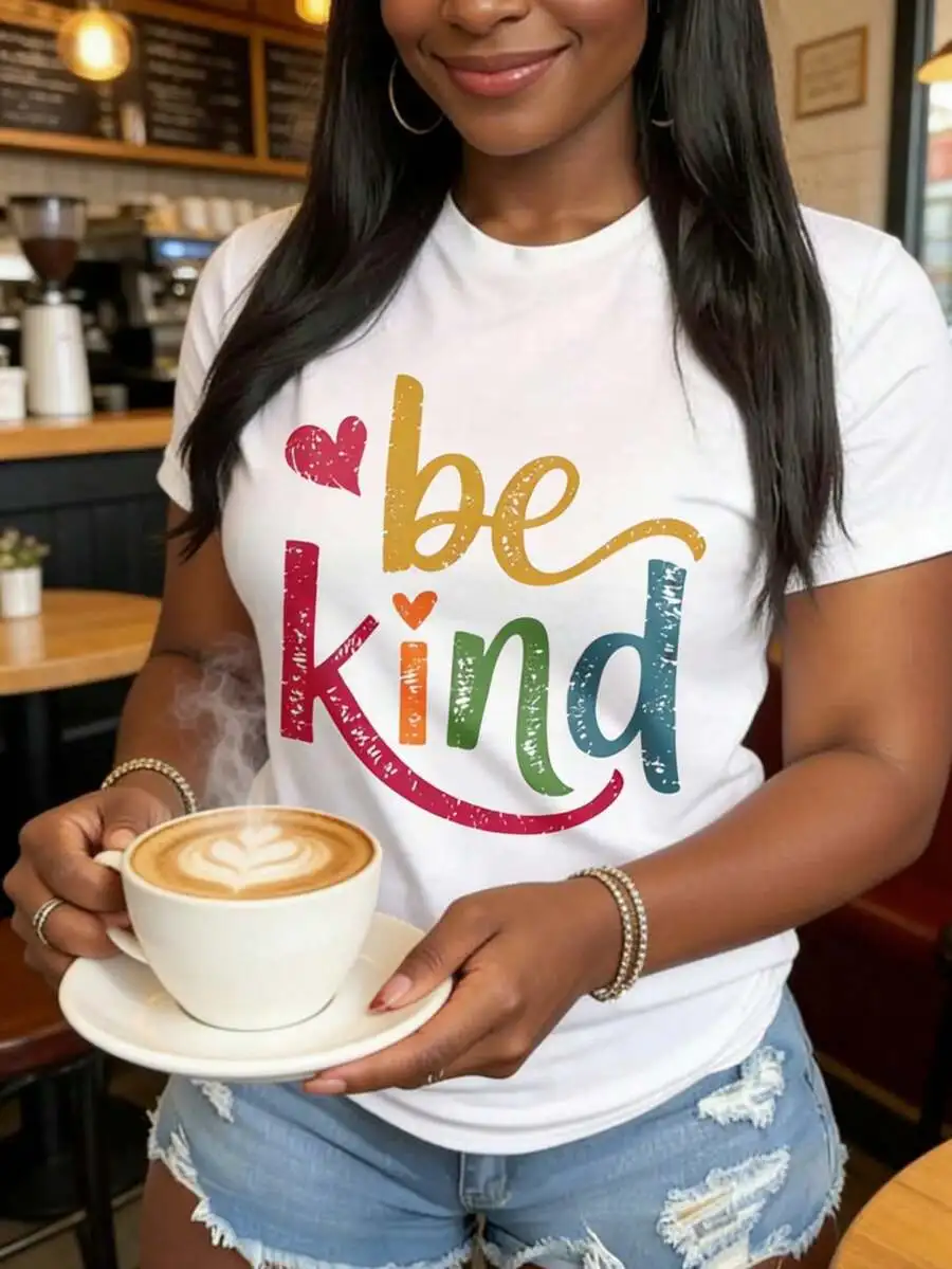 Be Kind Heart Motivational Quote Graphic T Shirt Colorful Retro Vintage Crew Neck Short Sleeve Summer Casual Tops