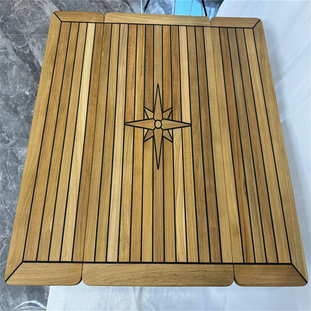 Folding Wings Teak Table Top 450/900x800mm,17.7/35.4x31.5 Inch Rectangular Star Inlay Marine Yacht RV TW4580