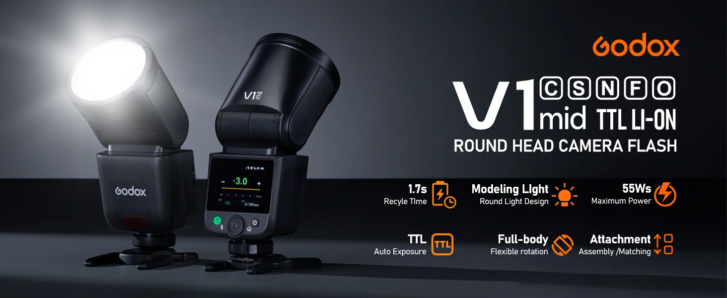 GODOX V1 Mid/V1/V1PRO/V100/V480/V860/V850 Serie Li-Ion Rundkopf-Speedlite TTL Drahtloser Kamera-Blitz Speedlight für C/N/S/F/O – Detail 1