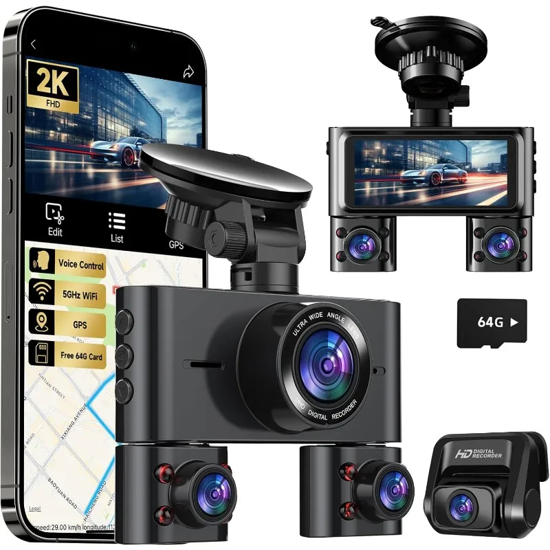 

Cam, 360° Dash Camera for Cars Front and Rear Inside, 4 Channel 4K/2K FHD Mini Dashcam, Built-in WiFi GPS, with 64GB Card,