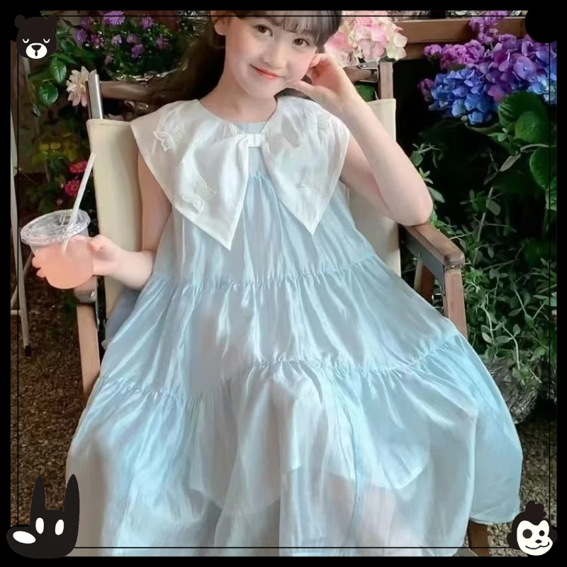 Girls Dress Summer Blue New Style Fashionable Little Girl Princesses Dress Summer Dress Children's Baby Vest Dresses 7-12Y Kids