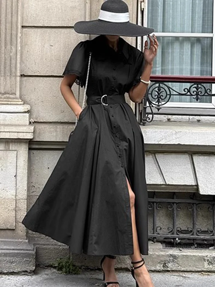 

Clothland Women Sweet Lace Shirt Dress Belt Short Sleeve White Black A Line Female Chic Cute Midi Dresses Vestido QE142