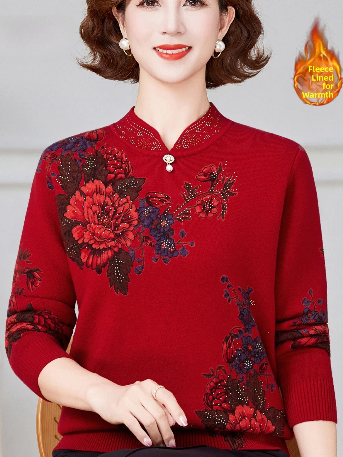 

Ele Floral Print Fce Lined Flag Dr Collar Sweater for Middle Aged And ly Women Warm Boting irt Autumn Winter