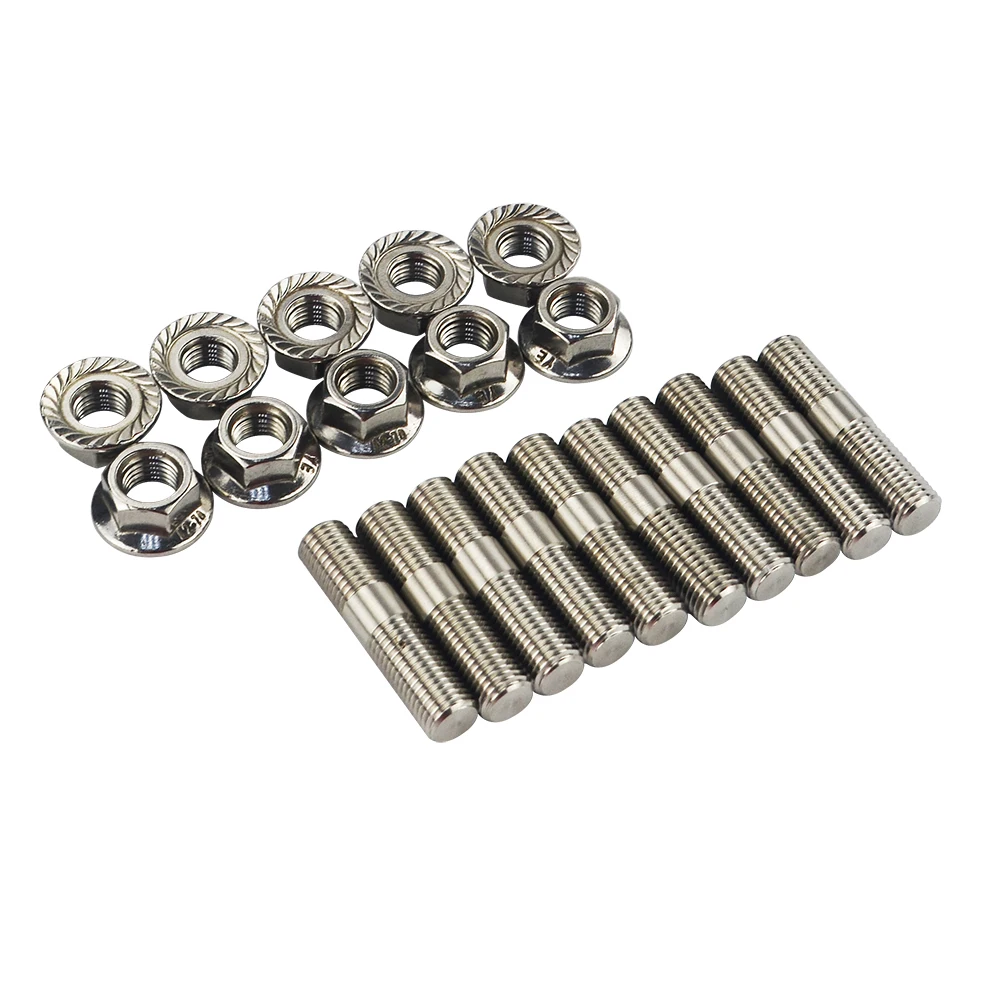 LIZHI Racing-10 pcs 10mm Stainless Steel Exhaust Studs & Serrated Nuts M10x1.25 Stud Conversion Tall Lug Bolts SCREW ADAPTER kit