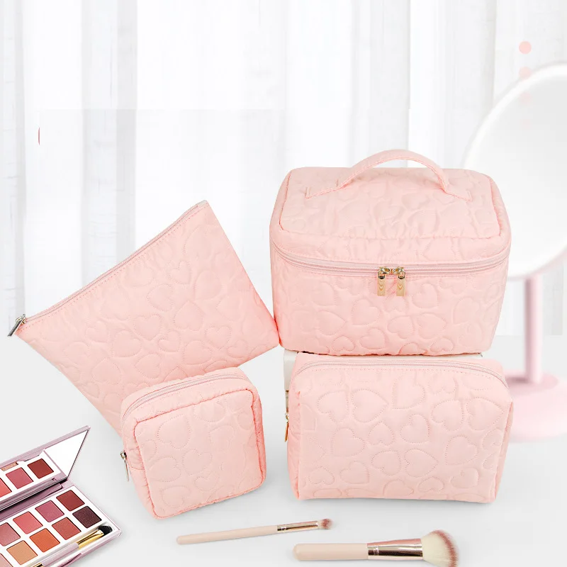 Tas kosmetik quilt lucu, tas Organizer Makeup besar dengan wadah pegangan, Set tas kosmetik perjalanan wanita perlengkapan mandi Korea Mini merah muda