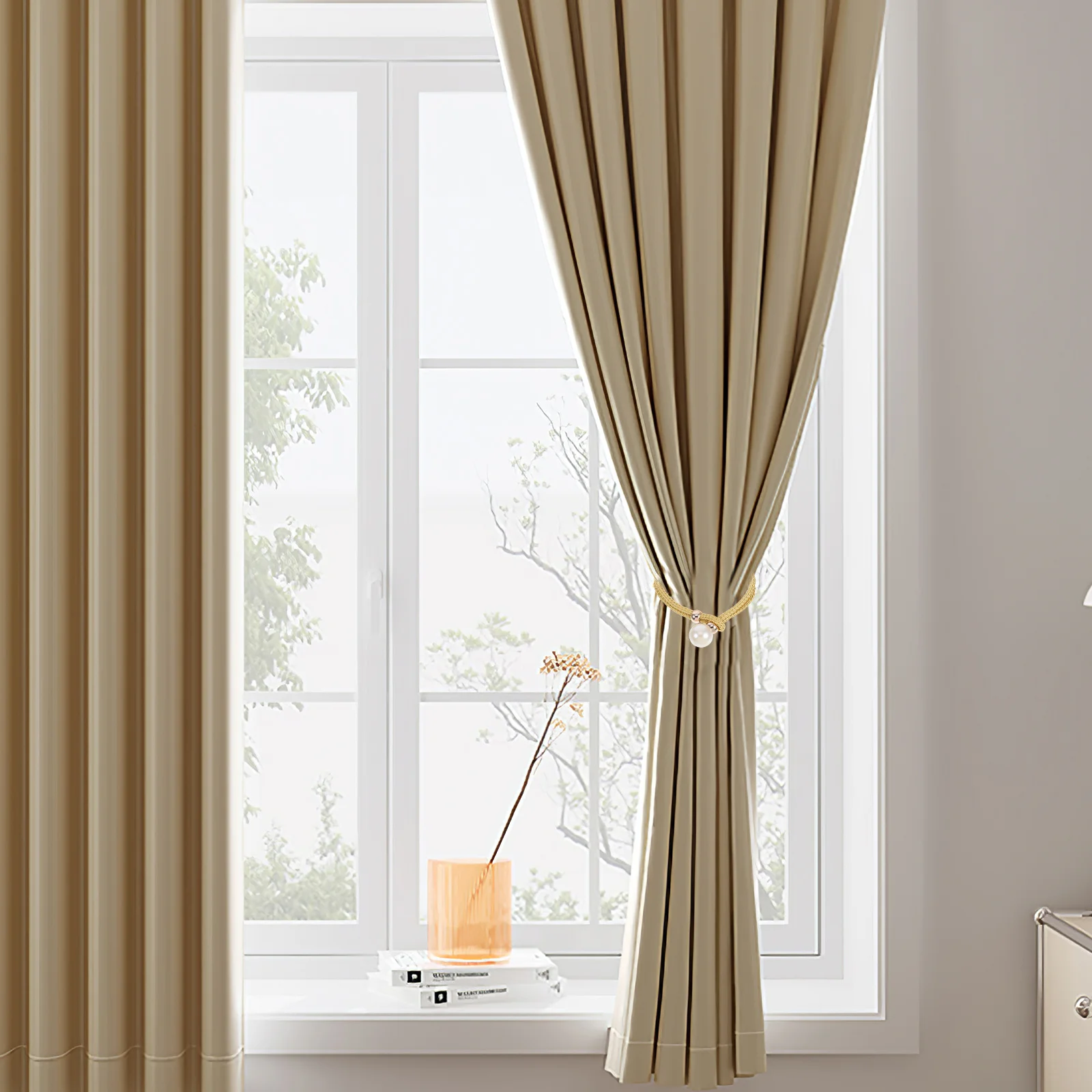 

2Pairs Curtain Tiebacks Handwoven Cotton Rope Adjustable Pearl Tie Backs for Home Office Bedroom Window Curtains Drapes
