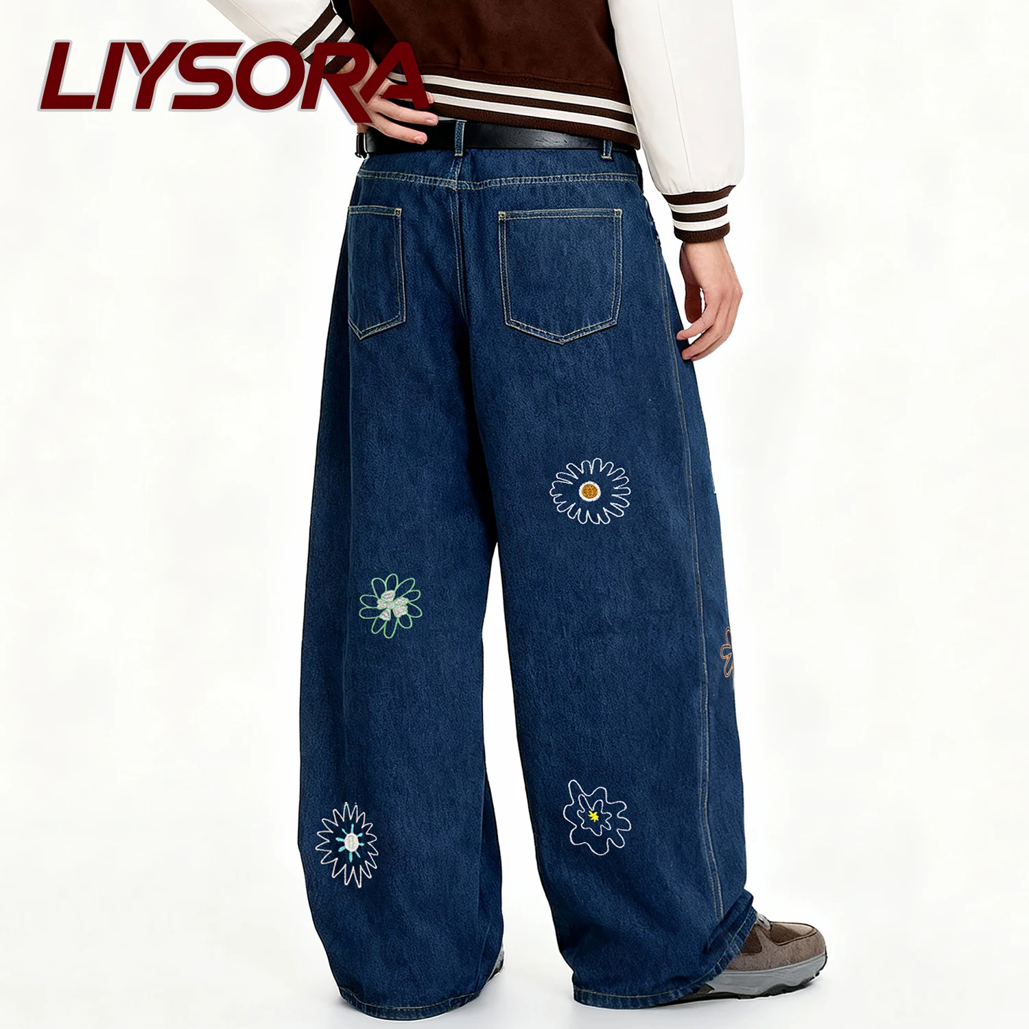 الكورية الأزرق الرجعية Y2K زهرة مطرزة فضفاض واسعة الساق جان للجنسين المتخصصة تصميم فضفاض الدنيم السراويل اليابانية ملابس رجالية غير رسمية #3