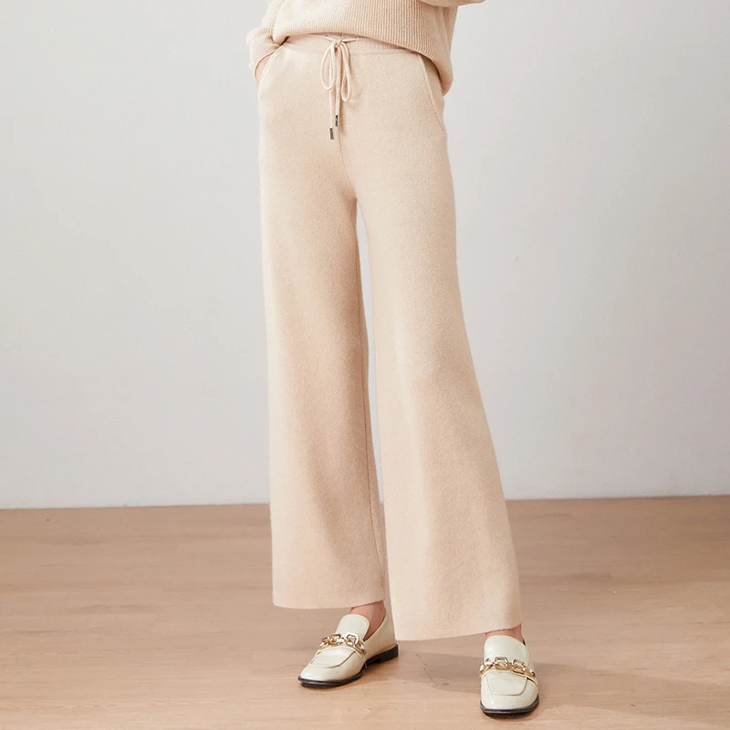 New Autumn Winter Women 100% Pure Cashmere Pants Soft Comfortable High-Waist Knitted Female Solid Color Thicken Wide Leg Pant