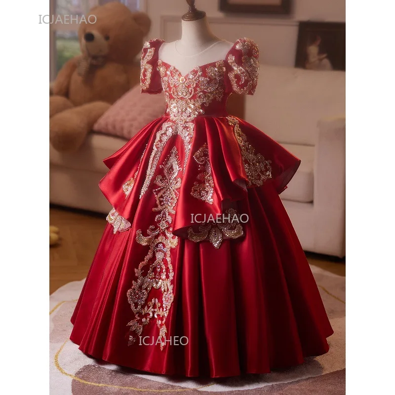 Party Dress Red Children Girls Pageant Host Birthday Wedding Flower Girl Piano Recital Performance Gown Toddler Formal Dresses
