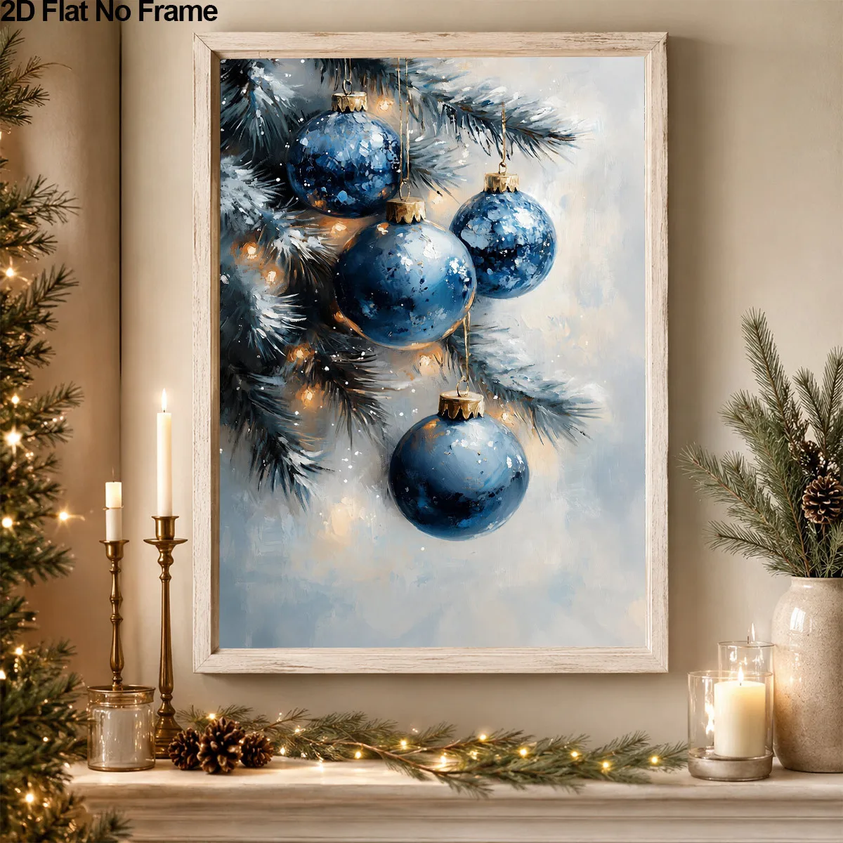 2D Flat, 1pc Blue Christmas Ornament Ball Wall Art Posters Modern Style Unframed Canvas Printing Suitable for Living Room Bed