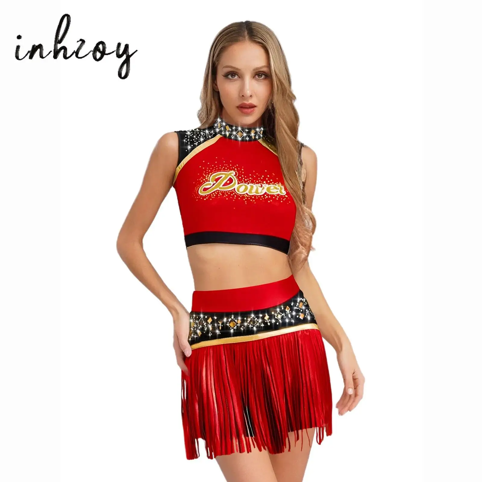 

Women Cheerleading Uniform High Schoolgirls Cheerleader Dance Costume Shiny Rhinestone Tank Top+Tassels Skirts Shorts Sets 2Pcs