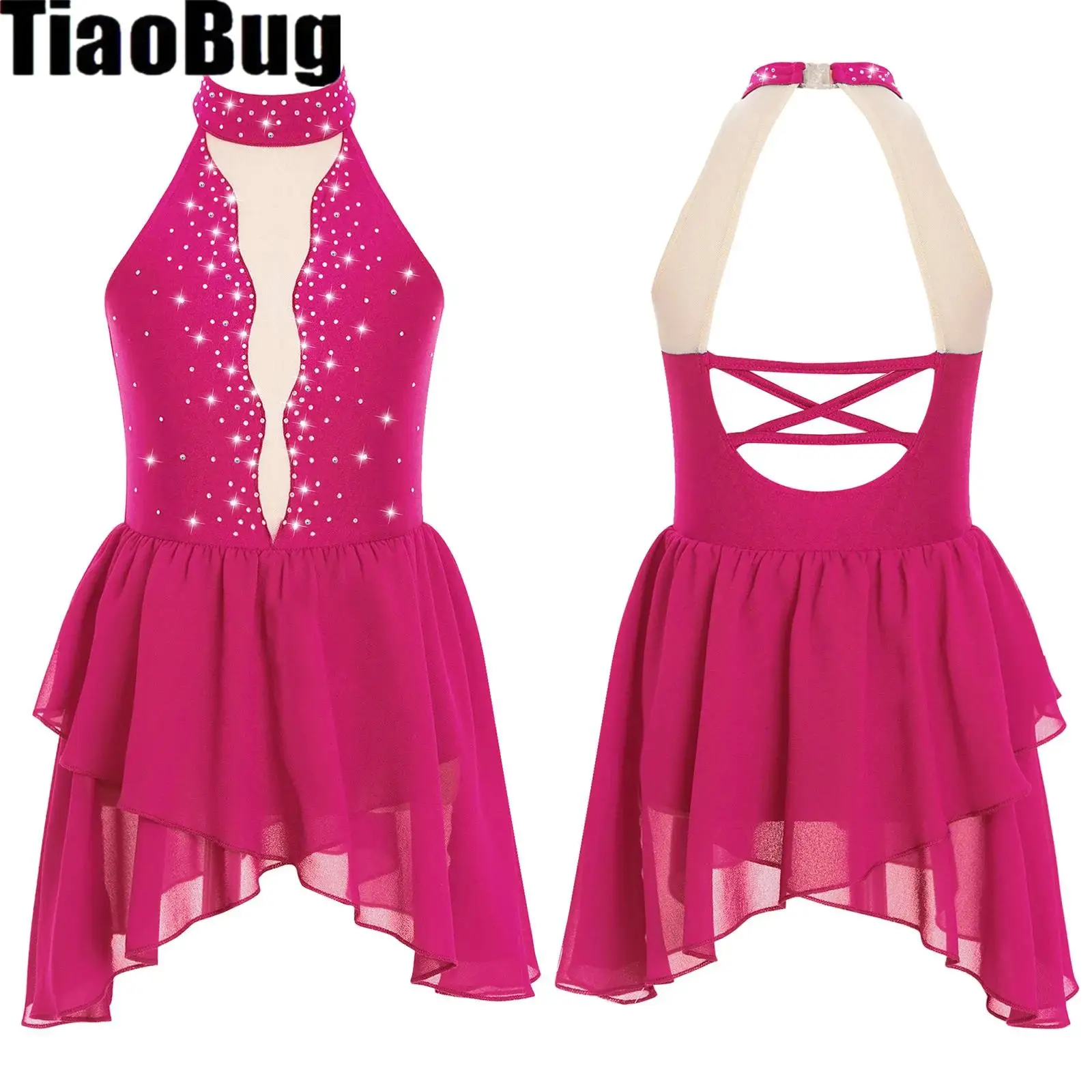 ชุดเต้นรำเด็กผู้หญิงประดับเพชรเทียม ผ้าตาข่ายโปร่ง แขนกุด คอเต่า หลังเปิด ชายกระโปรงไม่สม่ำเสมอ ชุดเต้นรำ