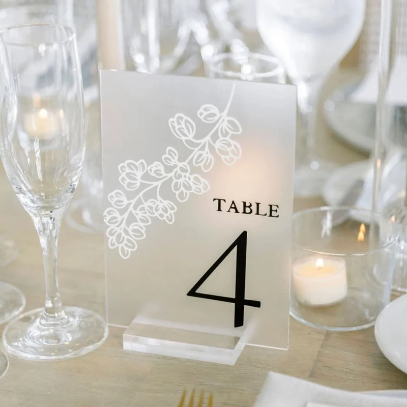 

Frosted Glass Look Acrylic Table Number Sign With Stands,White Floral with Black Writing,Modern Table Numbers,Minimalist Wedding