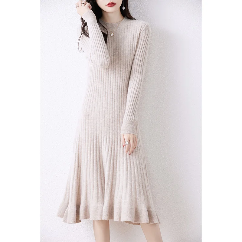 

Pure Wool Knitted Dress for Women Round Neck Mid Length Sweater Cashmere SkirtWaist Wrap, Slimming Bottom Skirt, Autumn and Wint