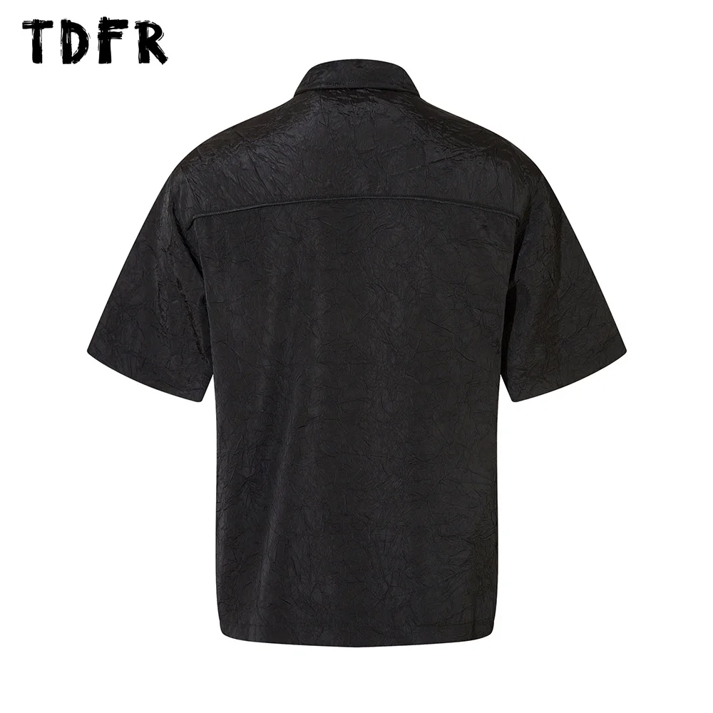 Zipper Decoration Pleated Short Sleeve Shirts Mens Solid Color Summer Streetwear Lapel Half-Sleeve Shirts Men Top