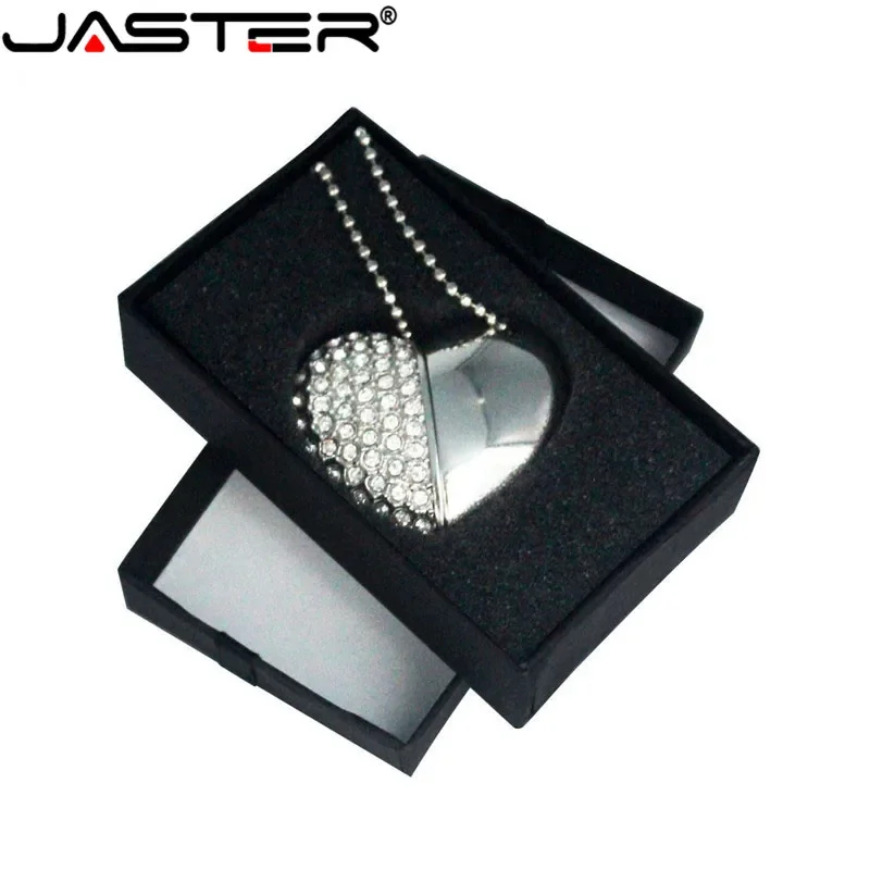 JASTER Pen Drive 2.0 Crystal Heart + Black Box Pen Drive Gemstone 64GB 32GB 16GB Free Key Chain Love Memory Stick Wedding Gift