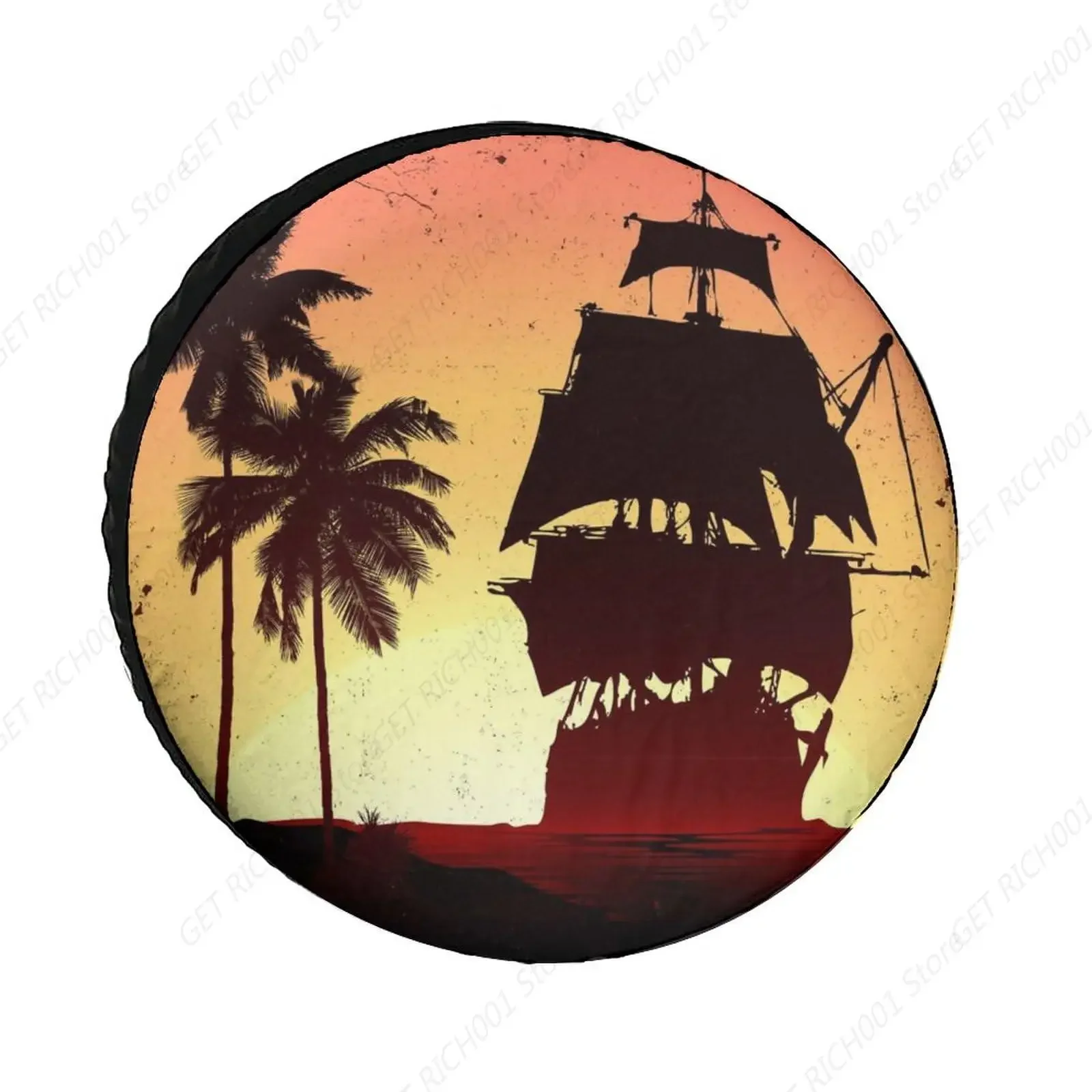 Vintage Palm Trees Pirate Ship Silhouettes in The Ocean Waterproof Tire Cover, Universal Spare Wheel Protectors