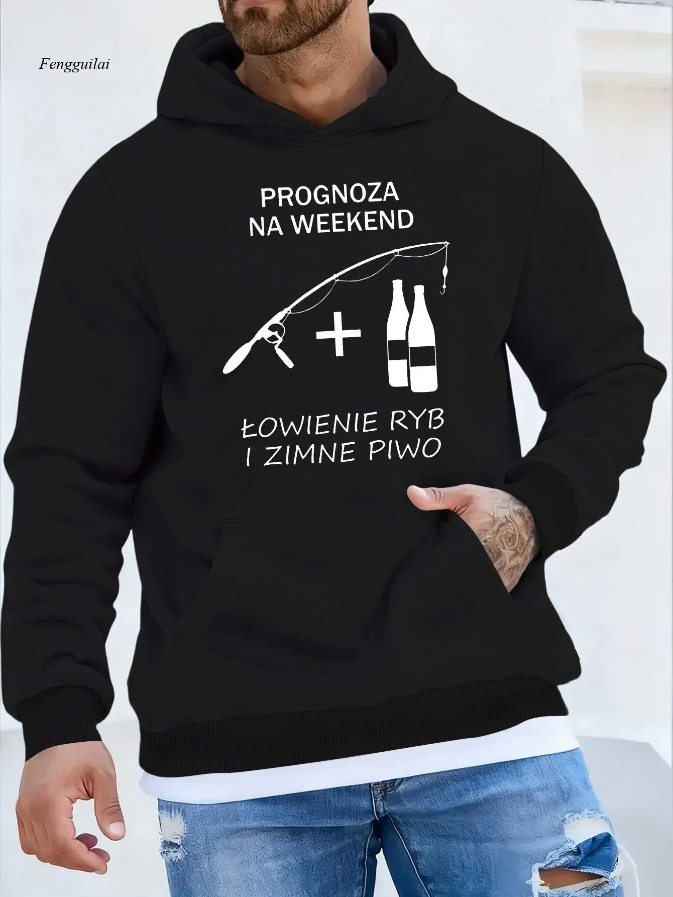 سترة صيد شديدة التحمل مع طباعة سمكة وشعار اقتباس تلميع - سترة شتوية دافئة للاستخدام الخارجي #3