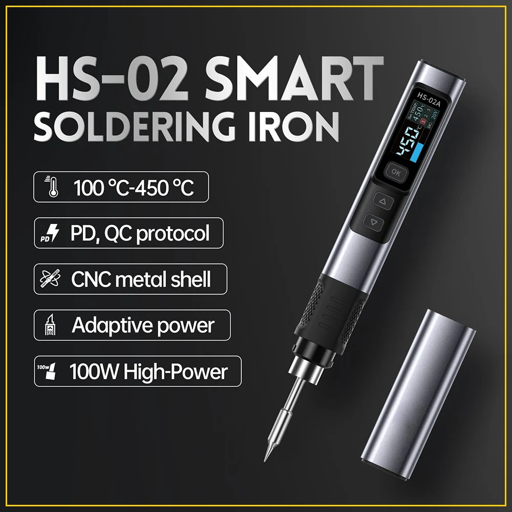 

For FNIRSI HS02B Smart Soldering Iron Set, 100W PD Soldering Iron, Includes Workstation, D/QC/DC Multi-Protocol Power Supply