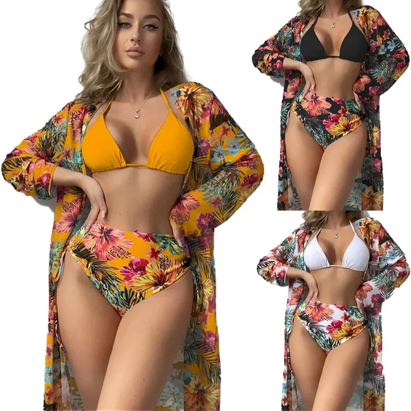 Floral Printed Halter Bikini 3 Pieces High Waisted Sexy Women Swimwear Padded Bikini Ser Cover Up Black/white/orange Colors