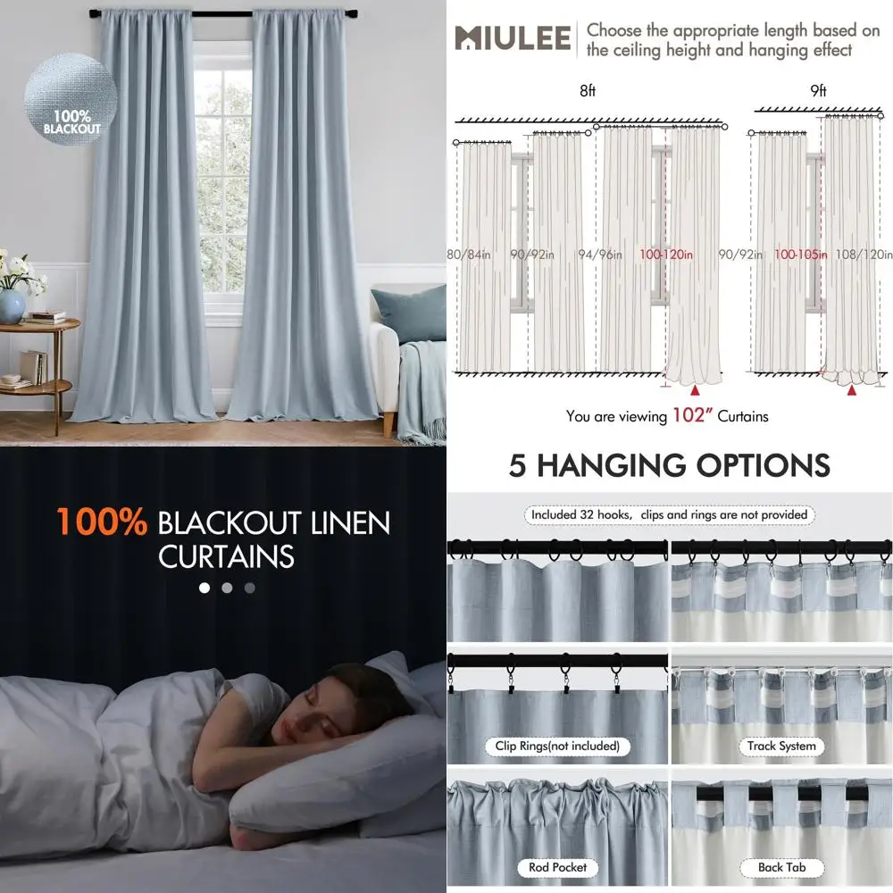 

Chambray Blue 102, длинные 2-панельные плотные шторы со складками на спине для спальни, толстый искусственный лен, затемнение в комнате, крючки в комплекте