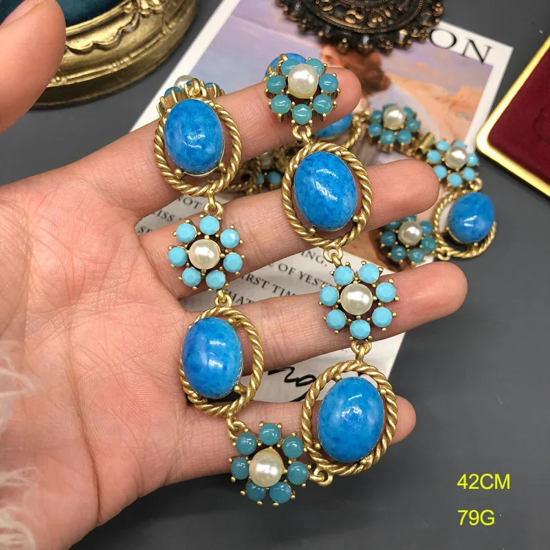 Draweye Flowers Dangle Earrings for Women Blue Geometric Palace Style Vintage Jewelry Fashion Dinner Party Aretes De Mujer