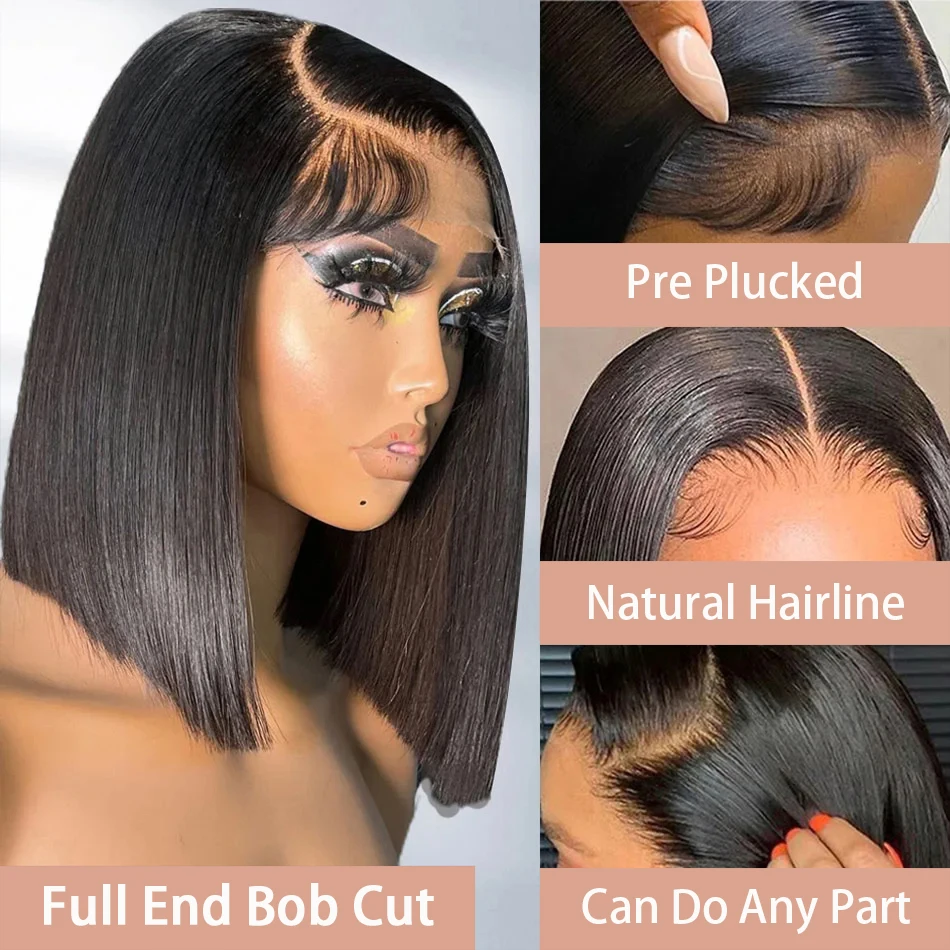 200% Density Straight Short Bob Lace Wig 13x4 Lace Frontal Wigs Brazilian 100% Human Hair 4x4 Transparent Lace Front Wig 14 Inch