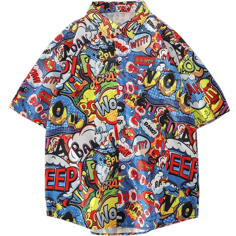 Niche Printed Collar Shirt, Floral Graffiti Simple Brushstrokes Landscapes Trendy Short Sleeves for Young People