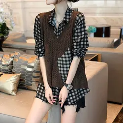 Female Clothing Plaid Polo-Neck Blouse Casual Spliced Knitted Sweater Vest Fashion Fake Two Pieces All-match Long Sleeve Shirt