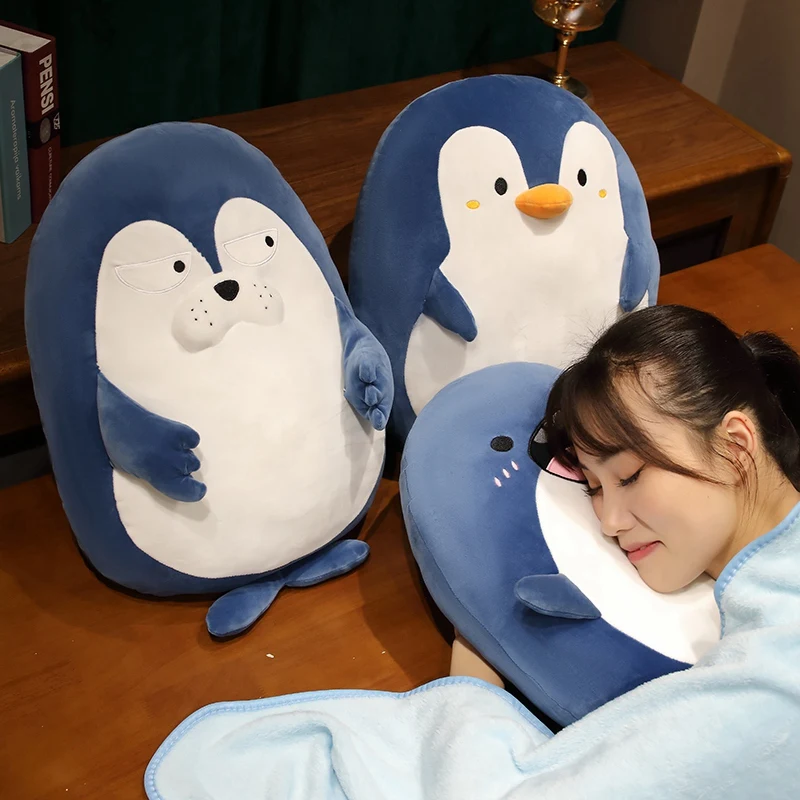 New Style Shark Penguin Plush Toy 2 In 1 Pillow With Blanket Cute Stuffed Animals Seal Plushies Doll Kawaii Soft Toys Gifts