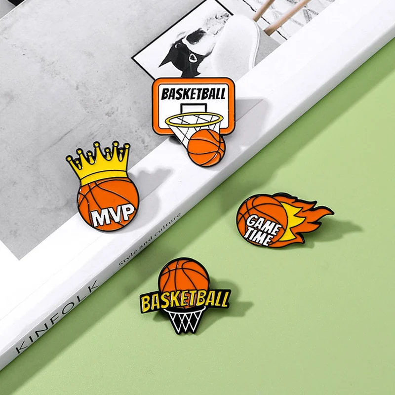 Creative Basketball Enamel Brooch Flame Game Time Mvp Crown Basketball Sport Metal Badge Punk Clothing Lapel Pins Jewelry Gift