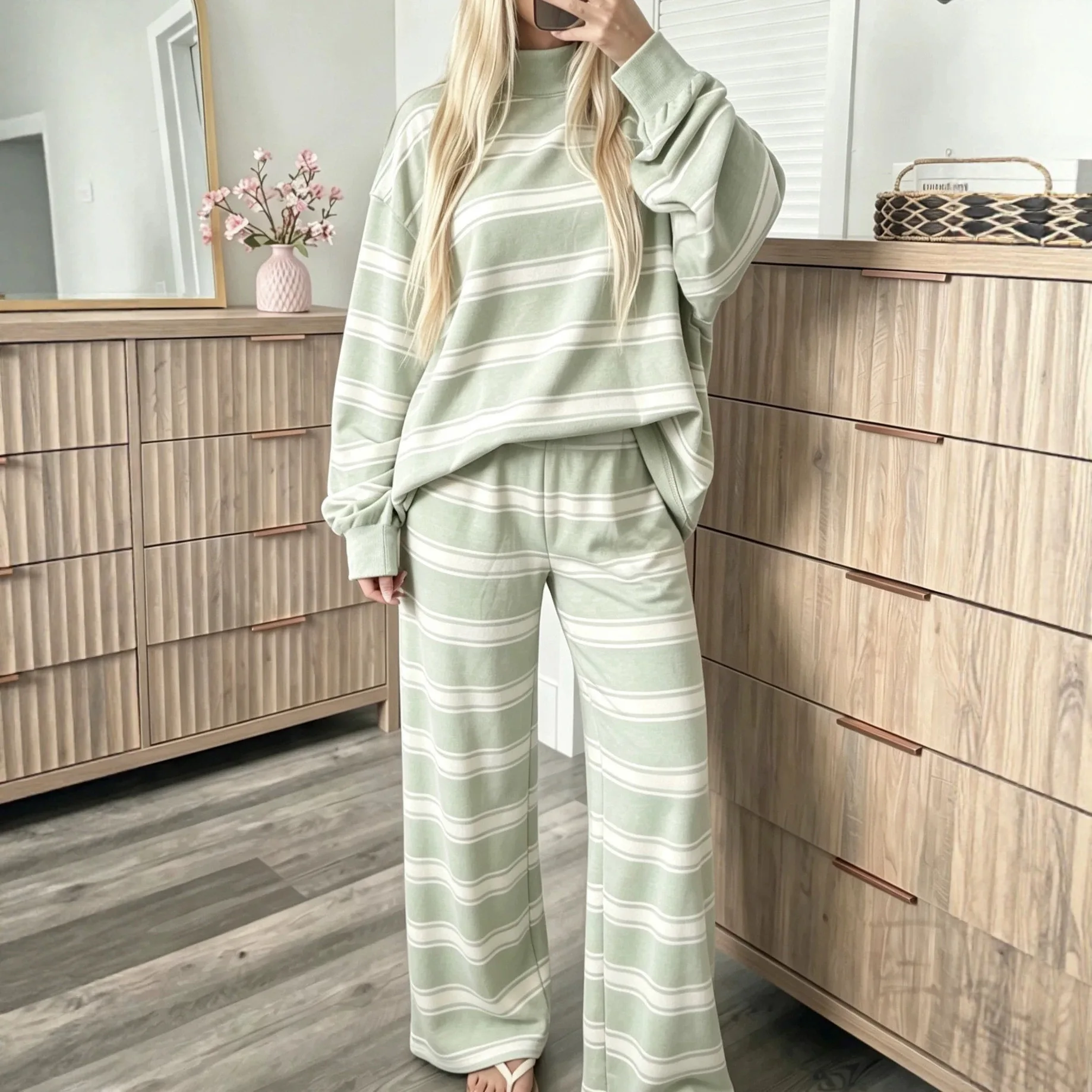 New Women's High Neck Long Sleeve Striped Top And Drawstring Wide Leg Pants Two Piece Outfit Set Versatile Casual Daily Wear Set