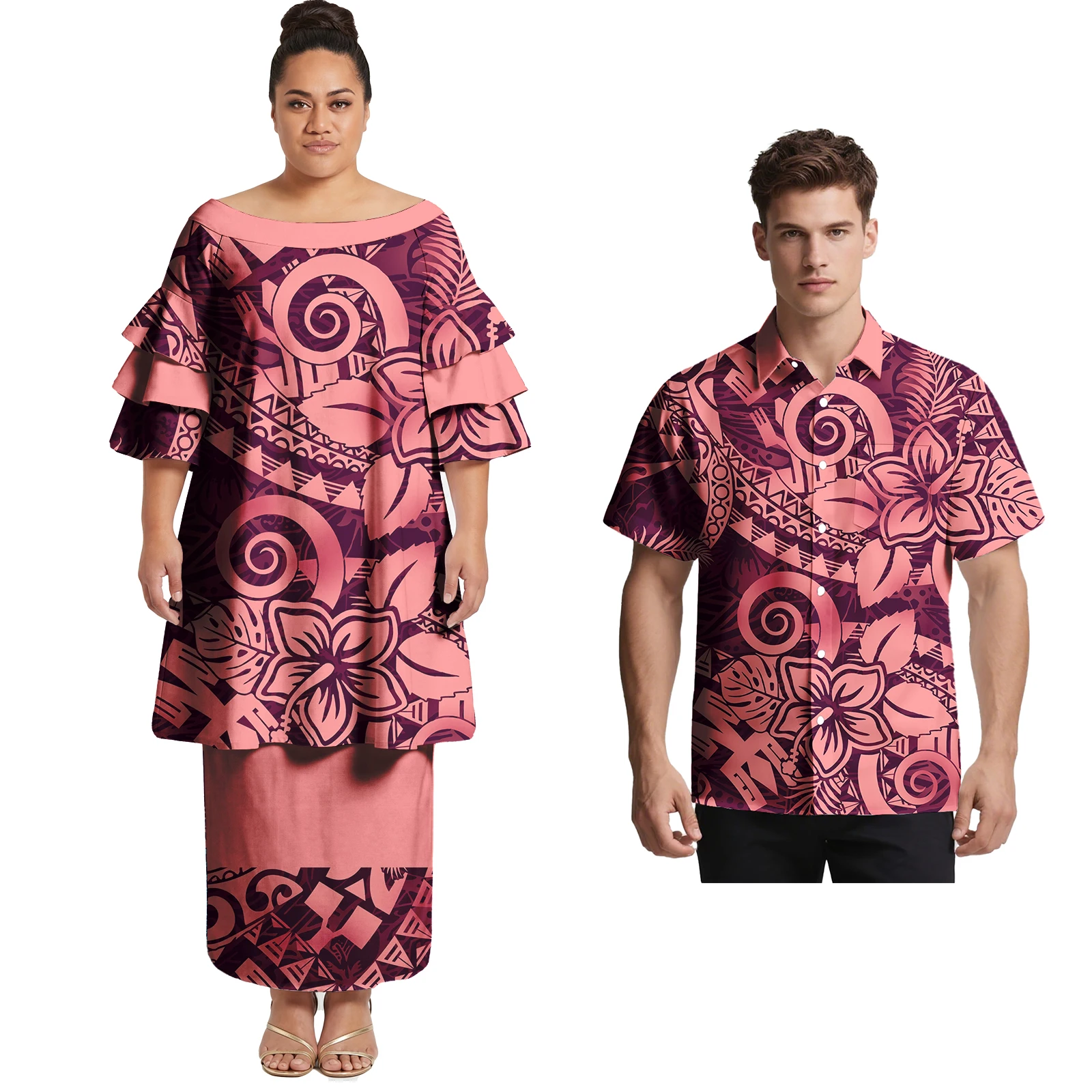 Custom New Arrivals Couple of Set Hawaiian Beach Men Shirts Samoan Polynesian Tribal Cascading Ruffle Sleeve Women Puletasi Suit