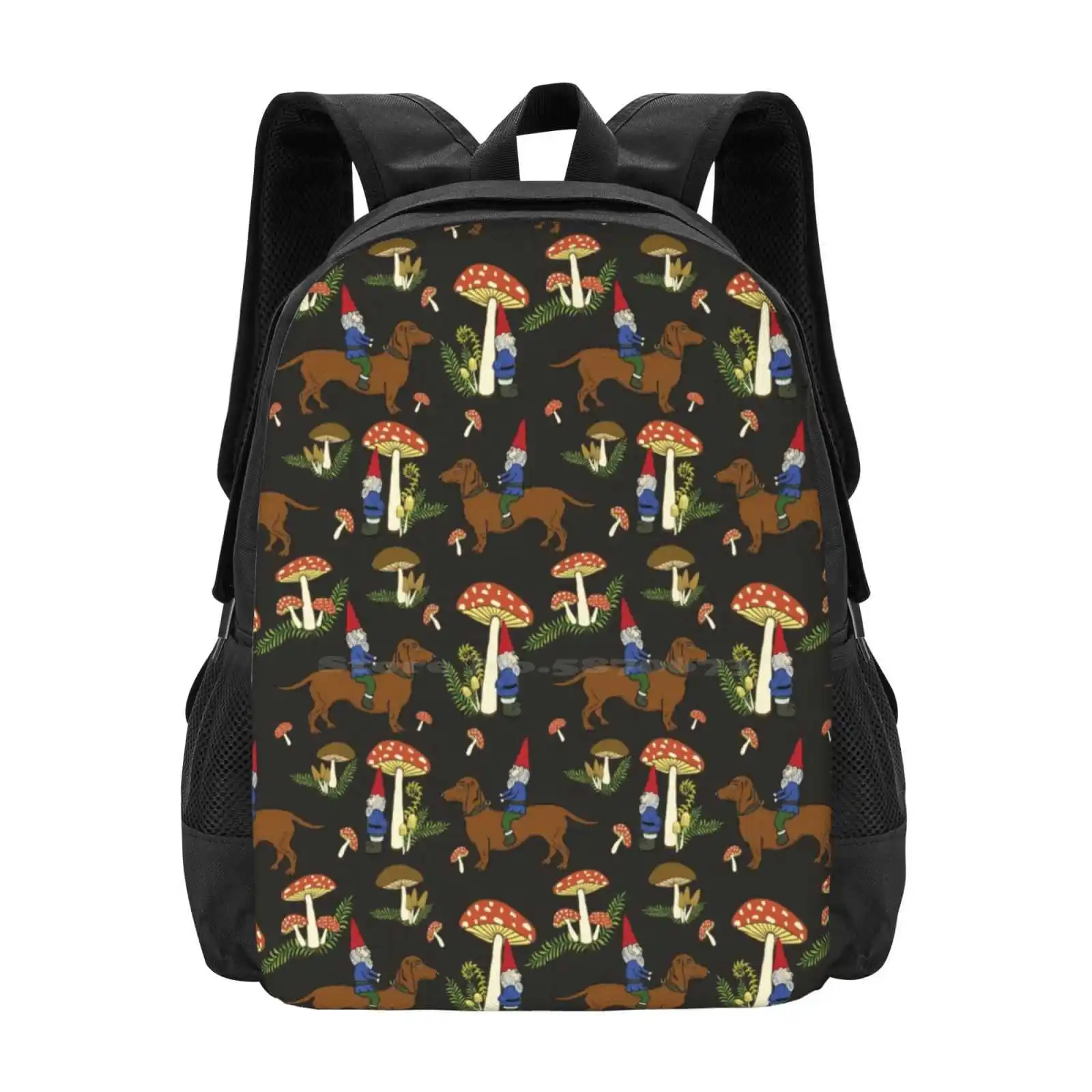 Gnome And Dachshund In Mushroom Land, Dark Brown Background Hot Sale Schoolbag Backpack Fashion Bags Gnomeanddachshund