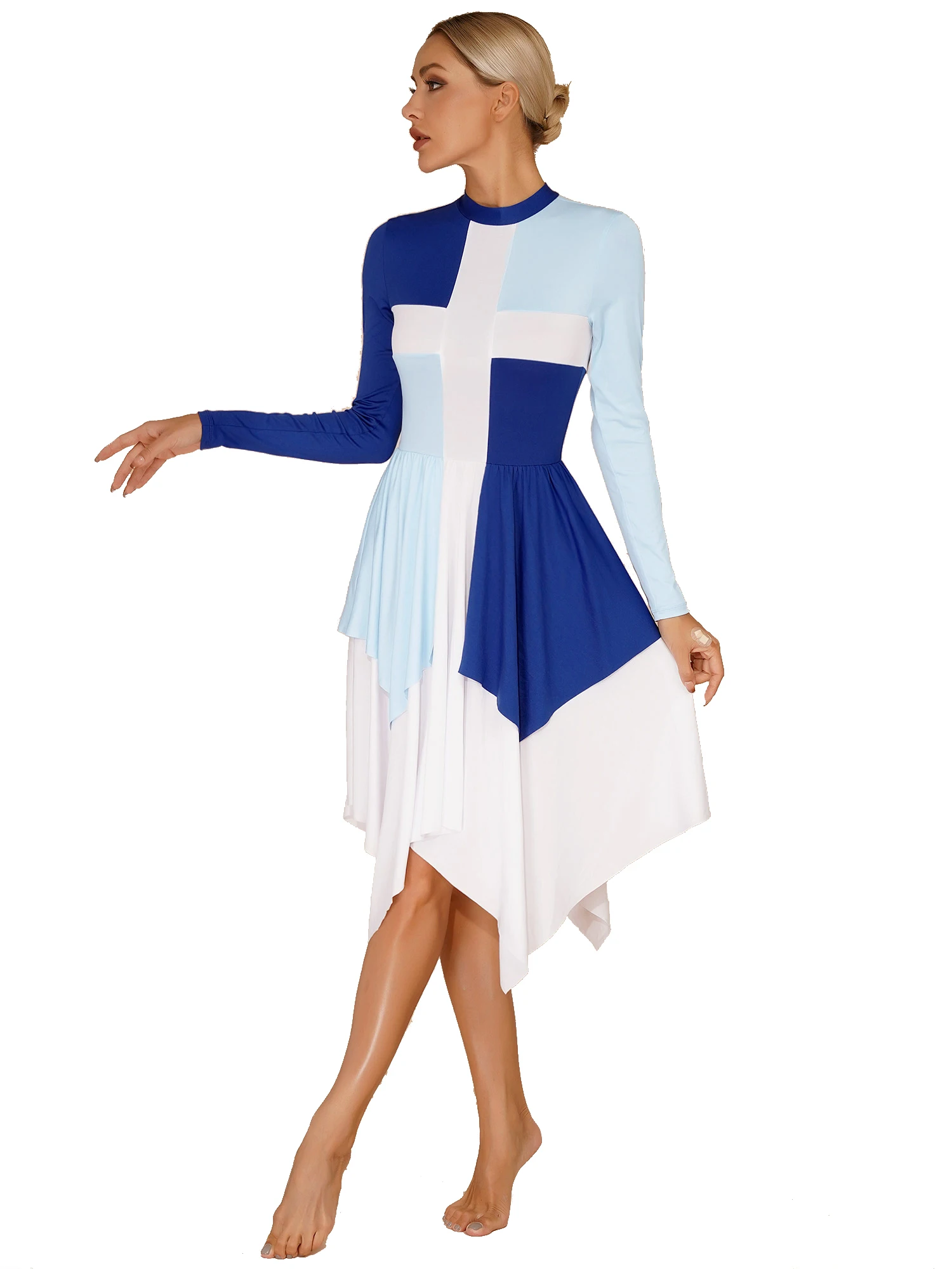 Women\'s Asymmetrical Praise Dance Tunic Overlay Long Sleeve Worship Costume Liturgical Dancewear Color Block Church Tunic Dress