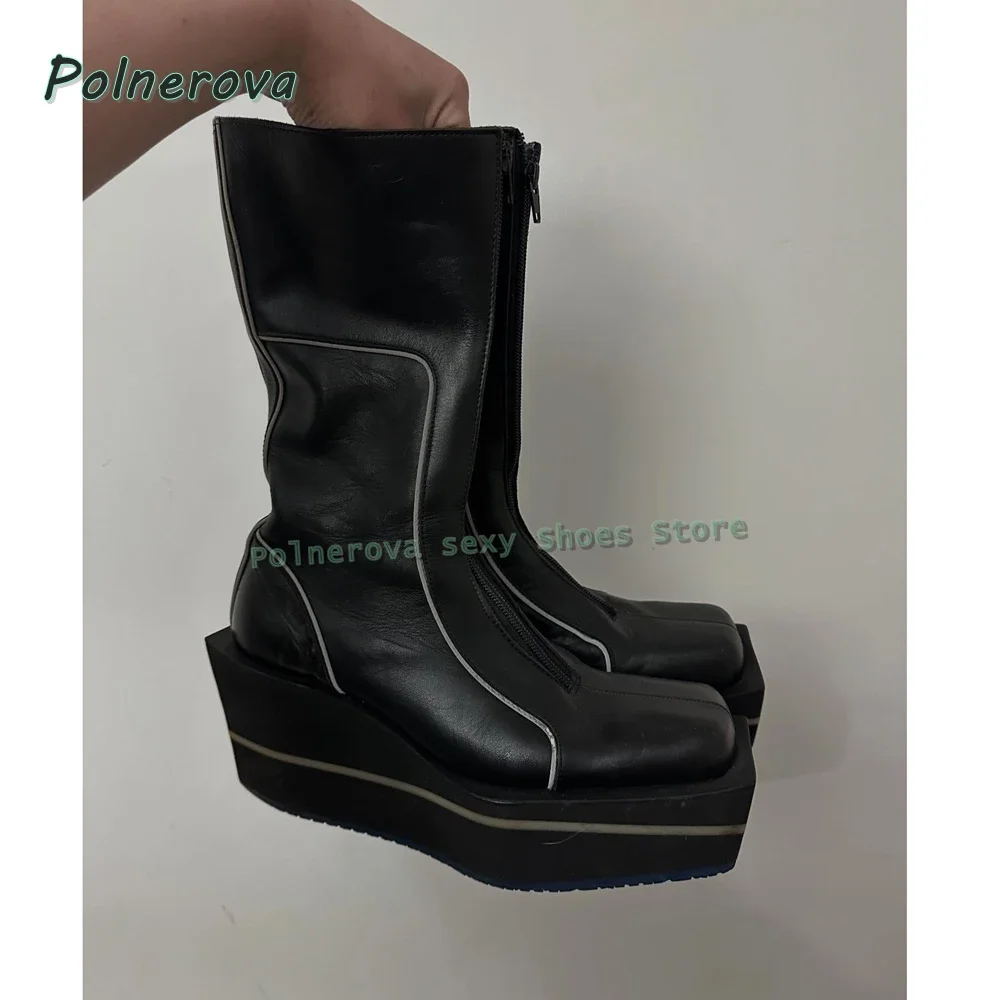 Women Knee High Boots 2026 Square Toe White Platform Boots Zipper Decoration Height Increase Patchwork Punk New Arrivals Trend