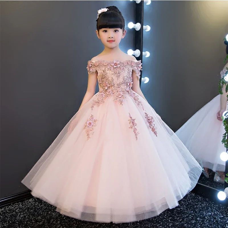 

Girls Shoulderless Wedding Dress Bead Appliques Party Tulle Princess Birthday Dresses First Communion Gown For Girls