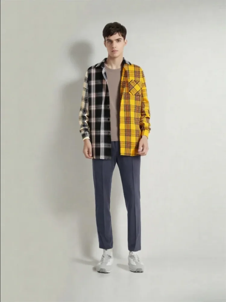 

Men's Harajuku Shirt Cotton Casual Plaid Long Sleeve Cardigans Button Up Shirts Male Vintage Korean Clothes Autumn Spring